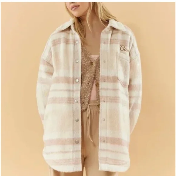 Disney x Forever 21 Cream and Pink Sherpa Bambi Flannel Jacket Sz S.